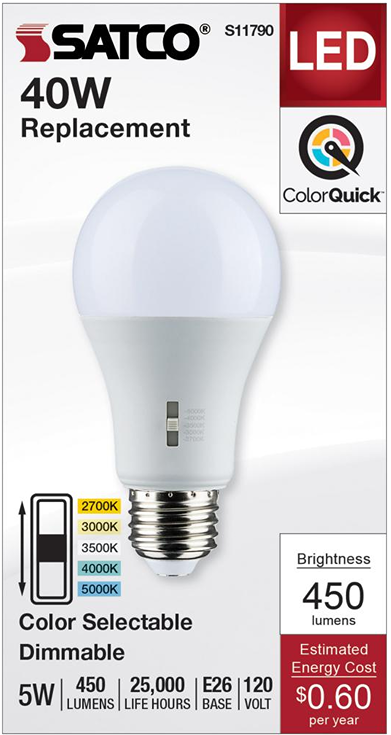 LED bulb with medium base and adjustable color temperature settings, offering 450 lumens and dimmable lighting under $50