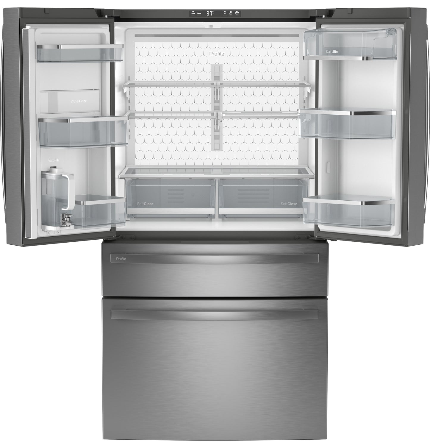Open fingerprint resistant stainless steel 4-door French-door refrigerator with spacious adjustable shelves in appliances collection