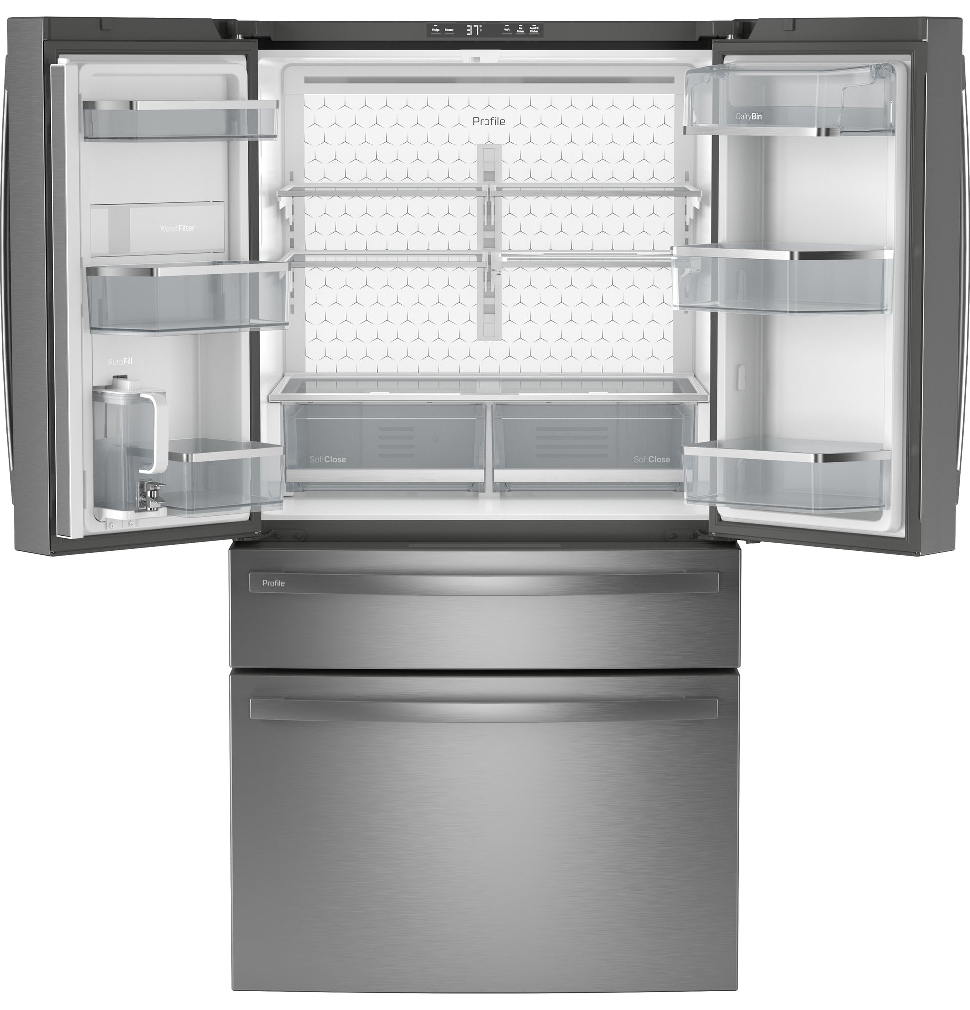 Open fingerprint resistant stainless steel 4-door French-door refrigerator with spacious adjustable shelves in appliances collection