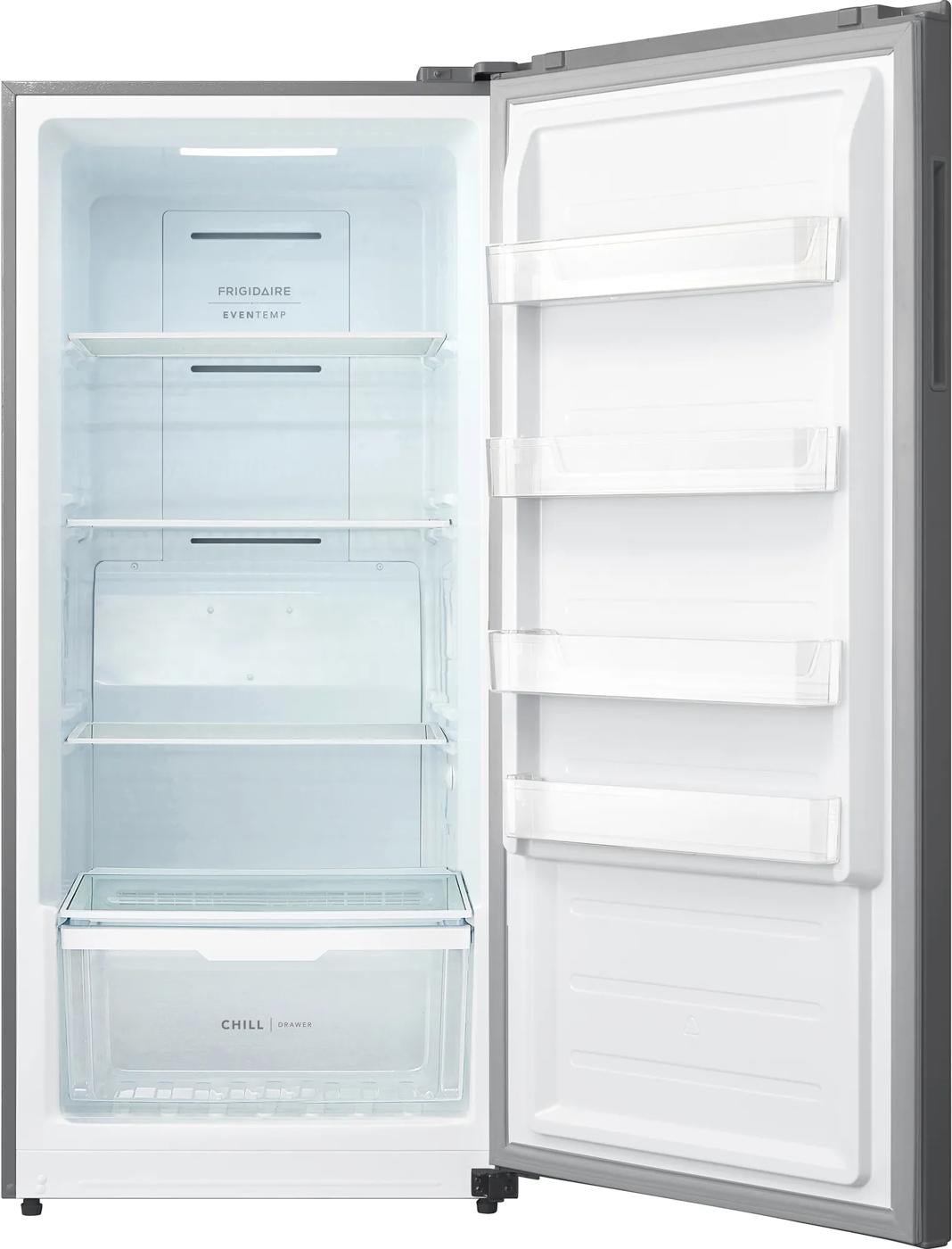 Open upright freezer converted to refrigerator showing adjustable glass shelves, clear door bins, and a spacious bottom chill drawer for Freezers & Ice Makers and Kitchen & Kitchenware collections.