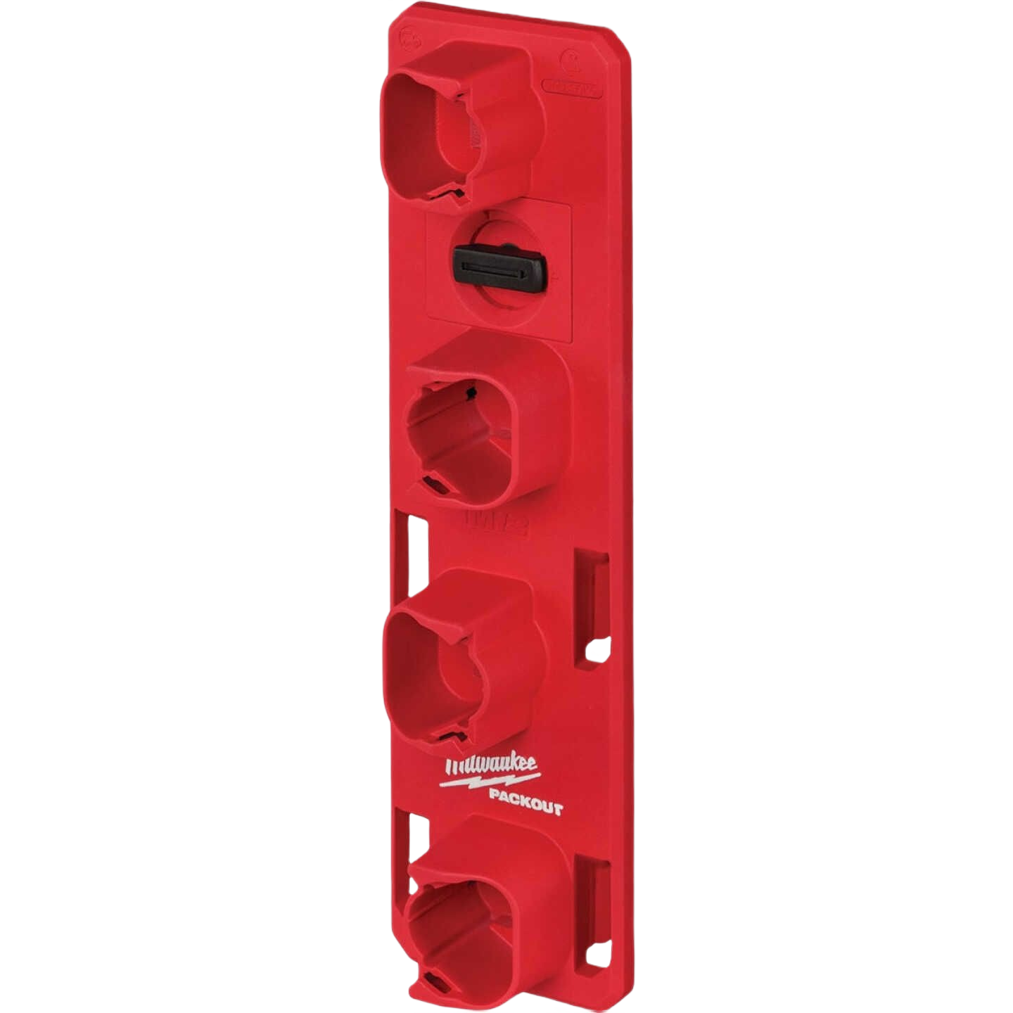 Red modular battery rack for M12 batteries offering customizable, secure storage in workshop and garage organization systems