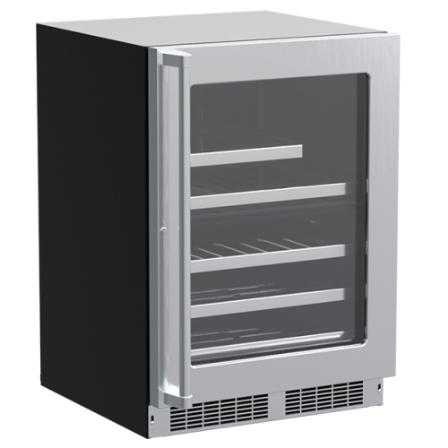 24-inch built-in beverage center with dual temperature zones, glass door, and adjustable metal shelves in appliances collection