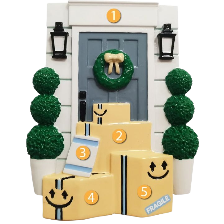 Christmas ornament of gray door with green wreath and stacked shipping boxes for holiday tree decor under $50