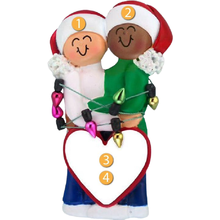 Personalized interracial couple ornament in Santa attire holding heart and colorful Christmas lights decoration under 50 dollars
