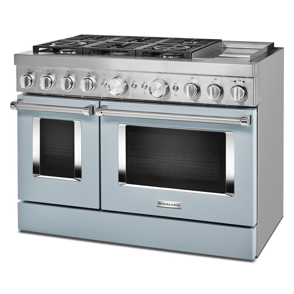 48-inch commercial-style smart dual fuel range with six burners, electric griddle, and double ovens in Ranges collection