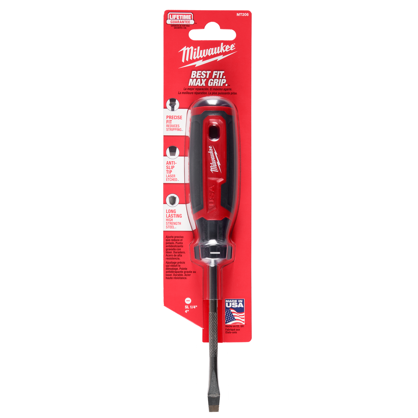 Red and black cushioned grip slotted screwdriver with 4-inch shank for tools and home improvement use