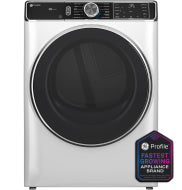 Front load electric dryer with digital control panel and large circular door in modern appliance design