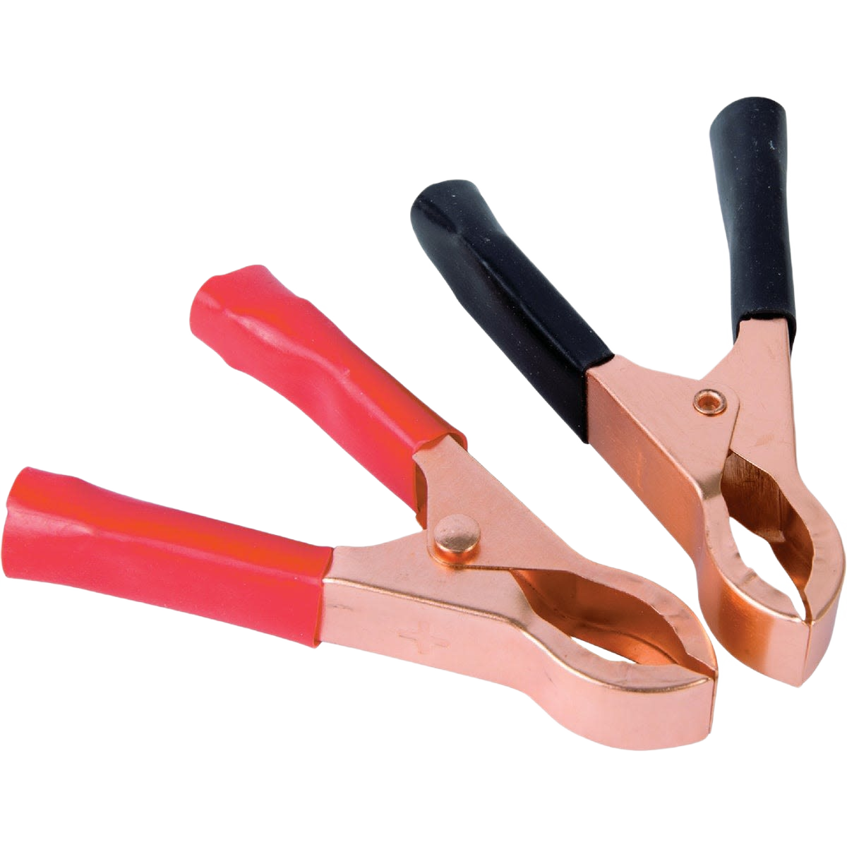 Pair of copper battery clamps with red and black insulated handles for electrical and automotive tool use under $50 collection
