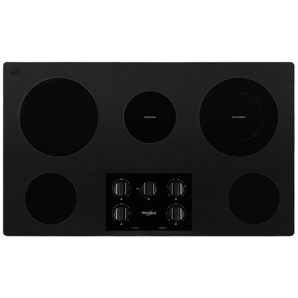 Black ceramic glass cooktop with five cooking zones and stainless steel control knobs from kitchen appliances collection