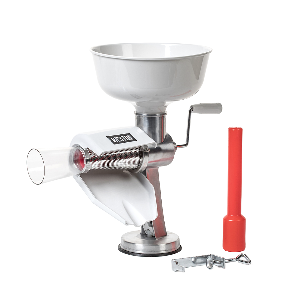 Manual tomato press and sauce maker with white funnel, metal body, red plastic pusher, and clamp for small kitchen appliances.