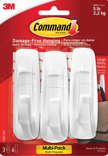 3-pack of white large utility adhesive hooks for damage-free hanging in home improvement and hardware collections under $50