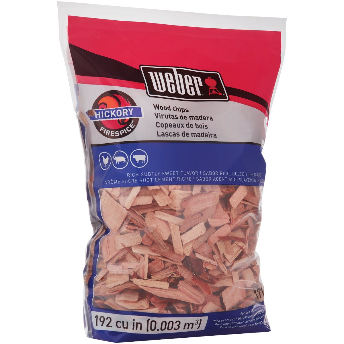Bag of hickory wood smoking chips for grilling and outdoor cooking with a rich, sweet smoky flavor.