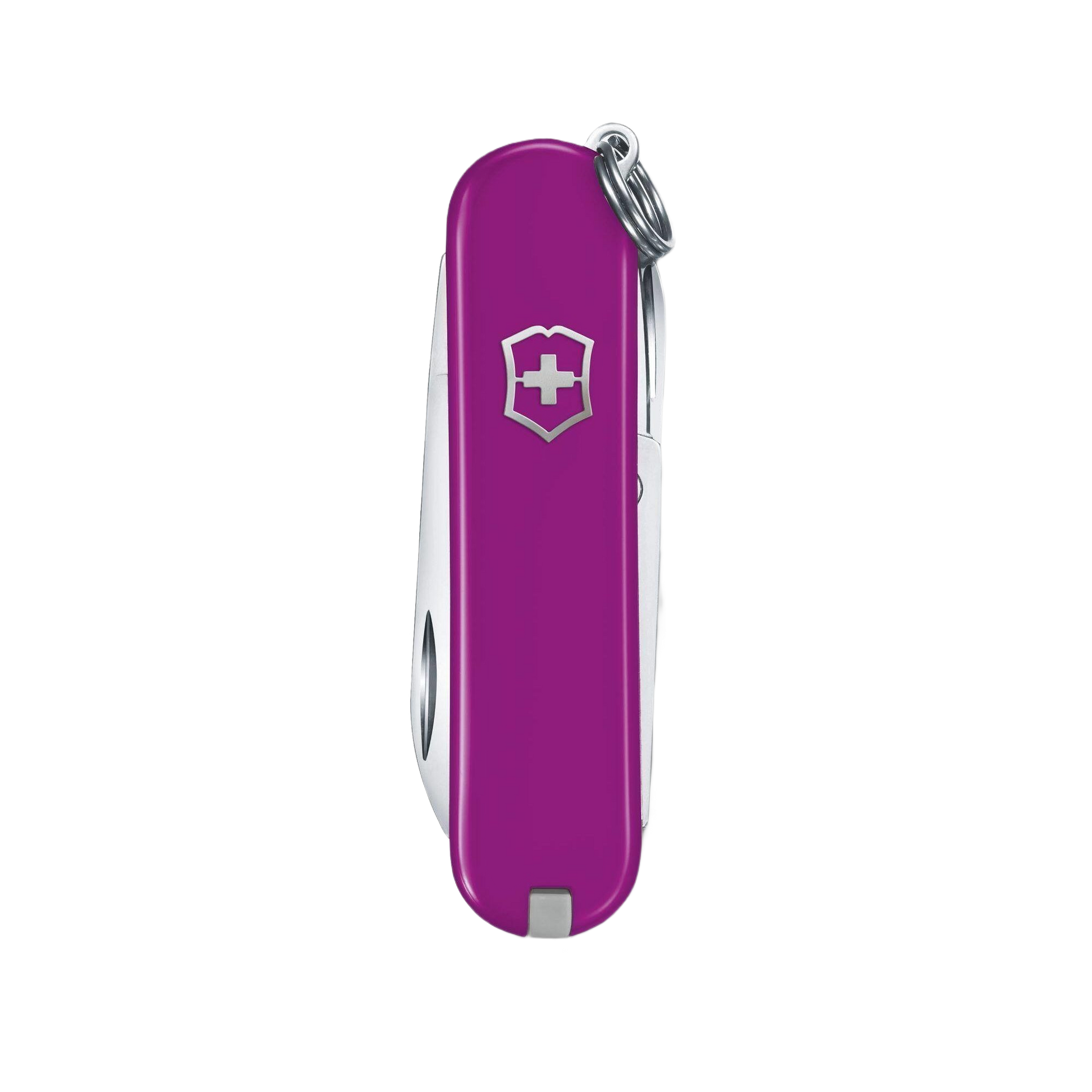 Compact purple Swiss Army pocket knife with keyring, featuring multiple functions for cutting, woodworking, and everyday hand tools under $50