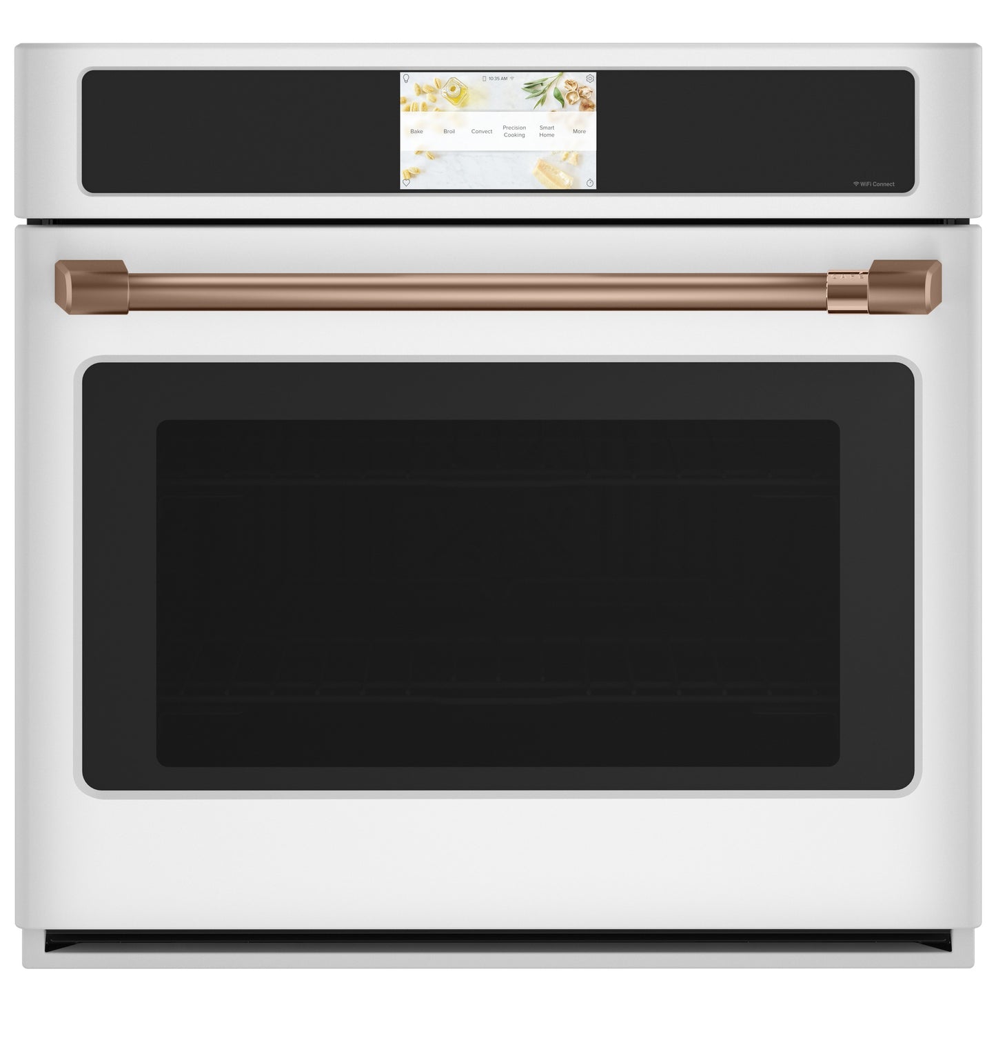 White smart built-in convection wall oven with touchscreen and brass handle in kitchen appliance collection
