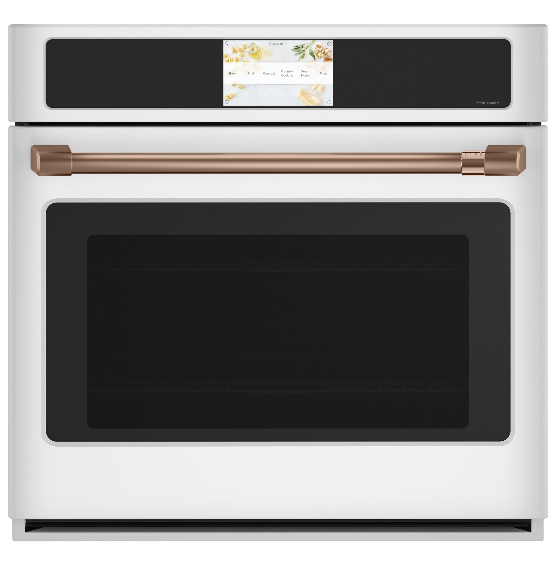 White smart built-in convection wall oven with touchscreen and brass handle in kitchen appliance collection
