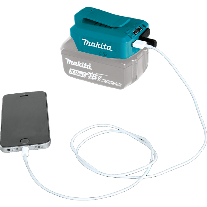 Compact teal cordless power source powering smartphone via USB cable for tools and home improvement use