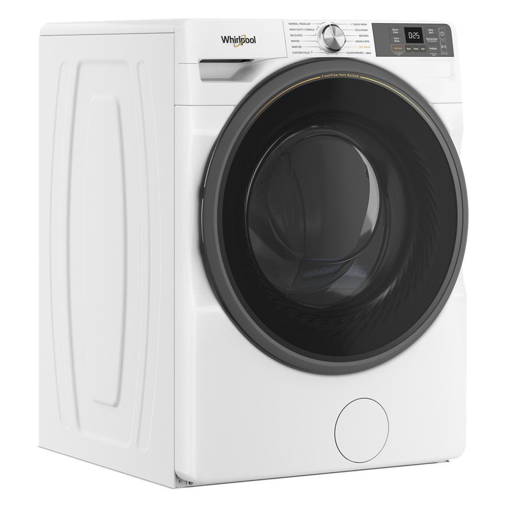White smart front load washer with digital display and FreshFlow vent system from washers collection