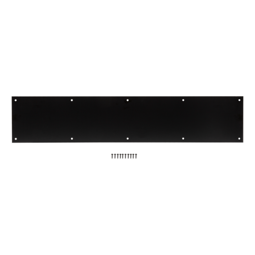 Matte black aluminum door kickplate with pre-drilled holes and screws for protection in door accessories and hardware collections