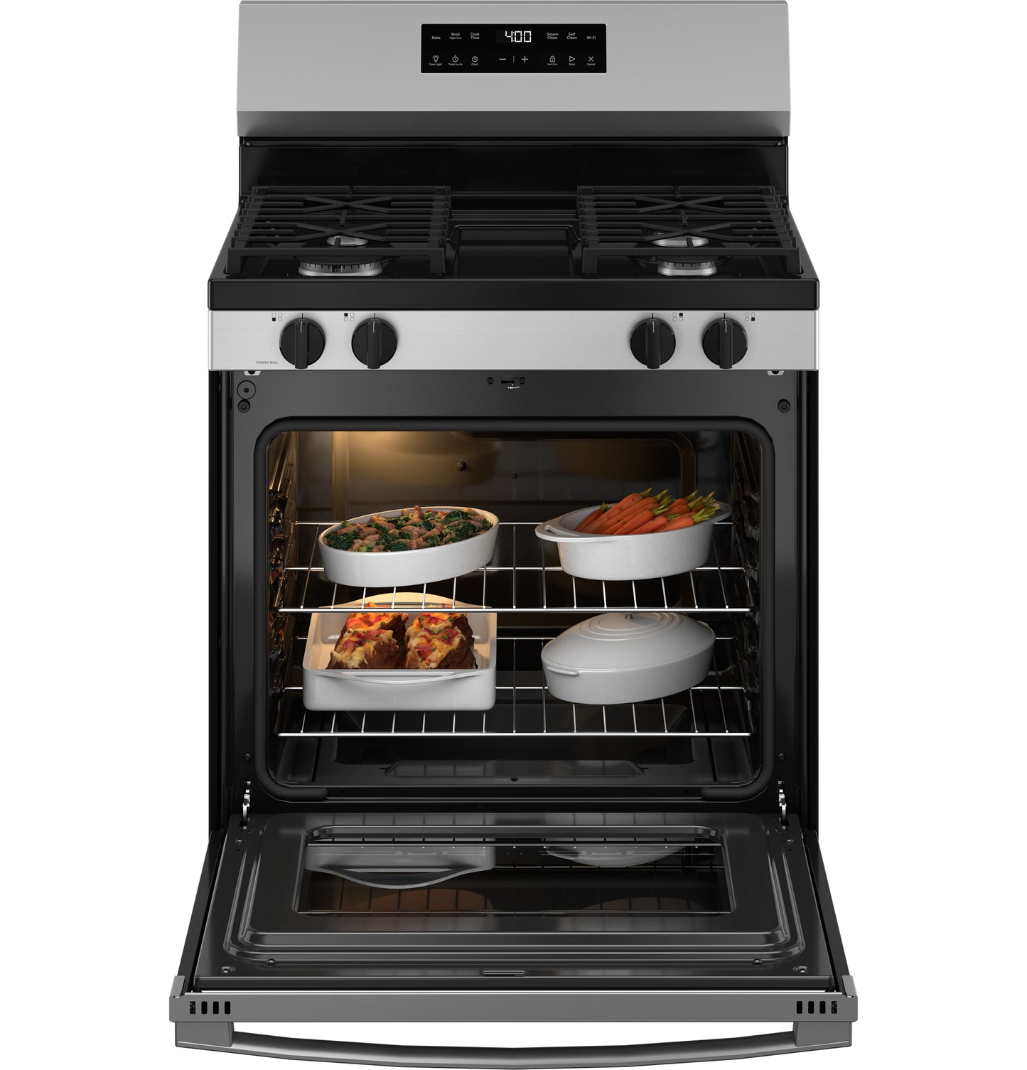Free-standing gas range with open oven containing baked dishes, four burners, control knobs, and digital display panel