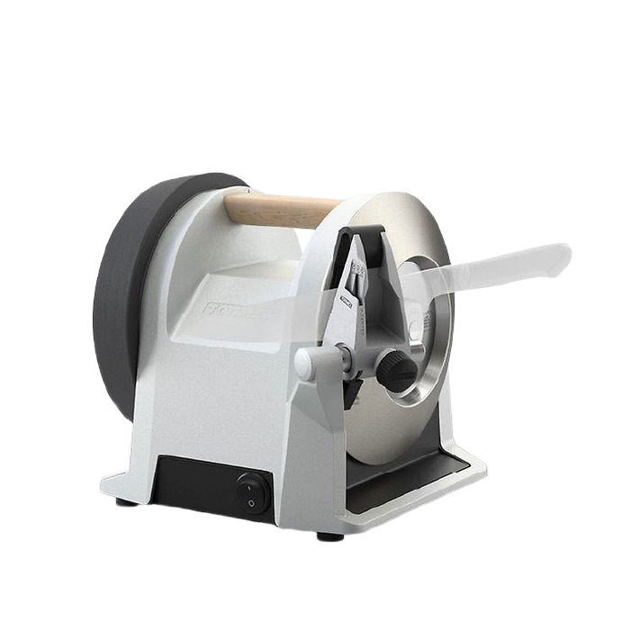 Compact zinc gray kitchen knife sharpener with wooden handle and adjustable sharpening guide in woodworking tools collection