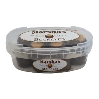 Clear plastic container of Marsha's creamy peanut butter buckeye candies in chocolates and candy collections under $50