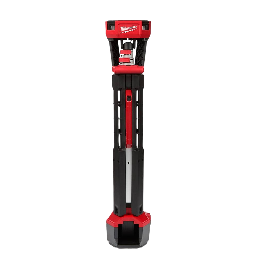 Compact red and black Milwaukee utility tower light with tripod base for portable jobsite and home improvement lighting