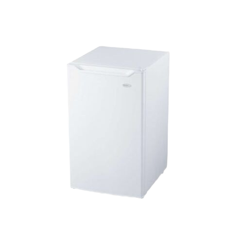 Compact white refrigerator with full-width freezer and reversible door, part of kitchen and appliance collections