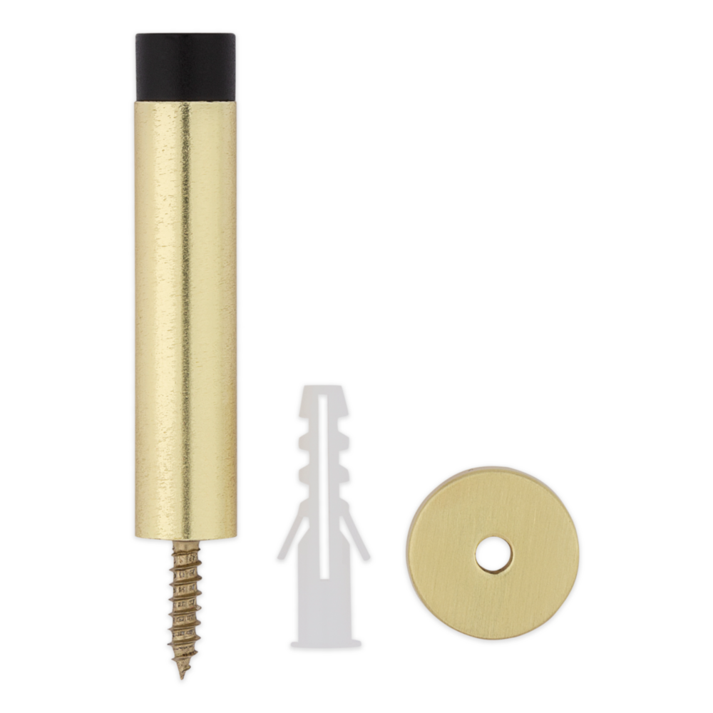 Brushed gold door stop with black rubber tip and mounting hardware for wall protection in door accessories collections