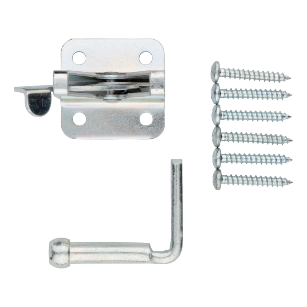 Zinc-plated automatic gate latch with steel rod and six mounting screws for gate hardware and home improvement under $50