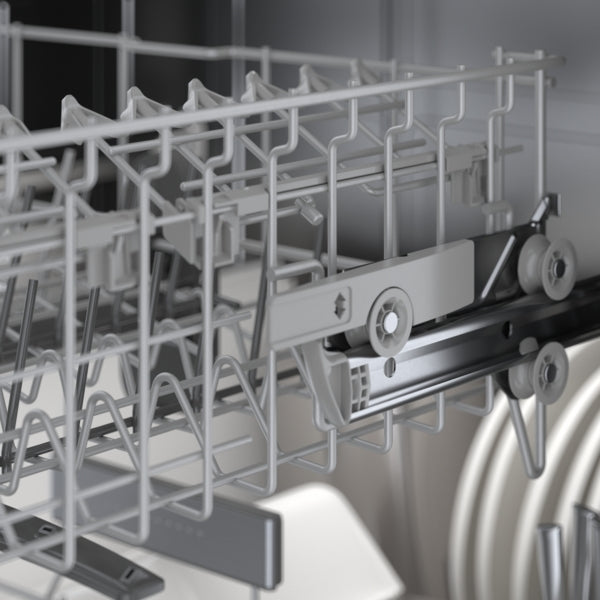 Close-up of dishwasher rack slide mechanism with white plastic and metal components in kitchen appliances collection
