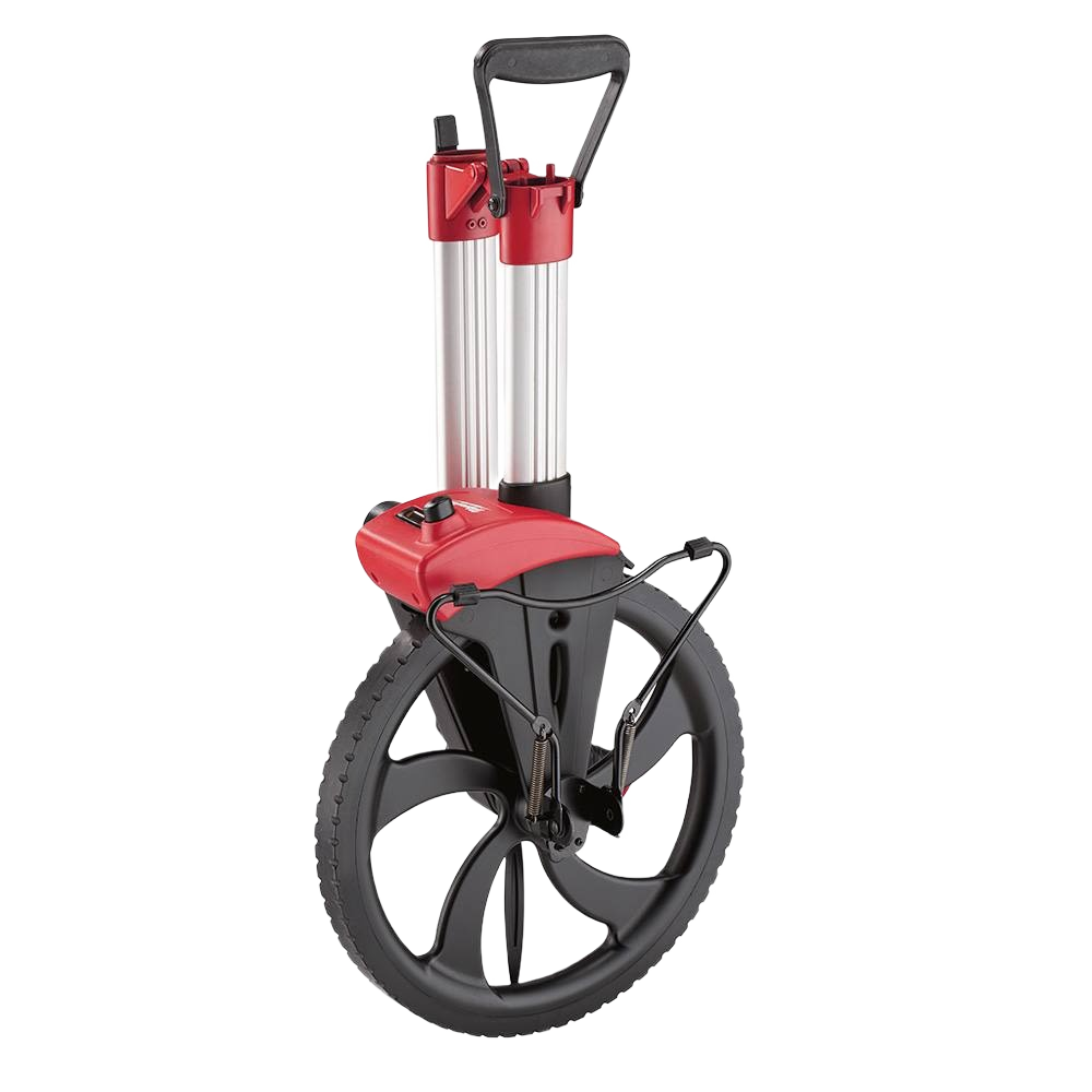 Red and black digital measuring wheel with reinforced aluminum frame for woodworking and home improvement hand tools collections