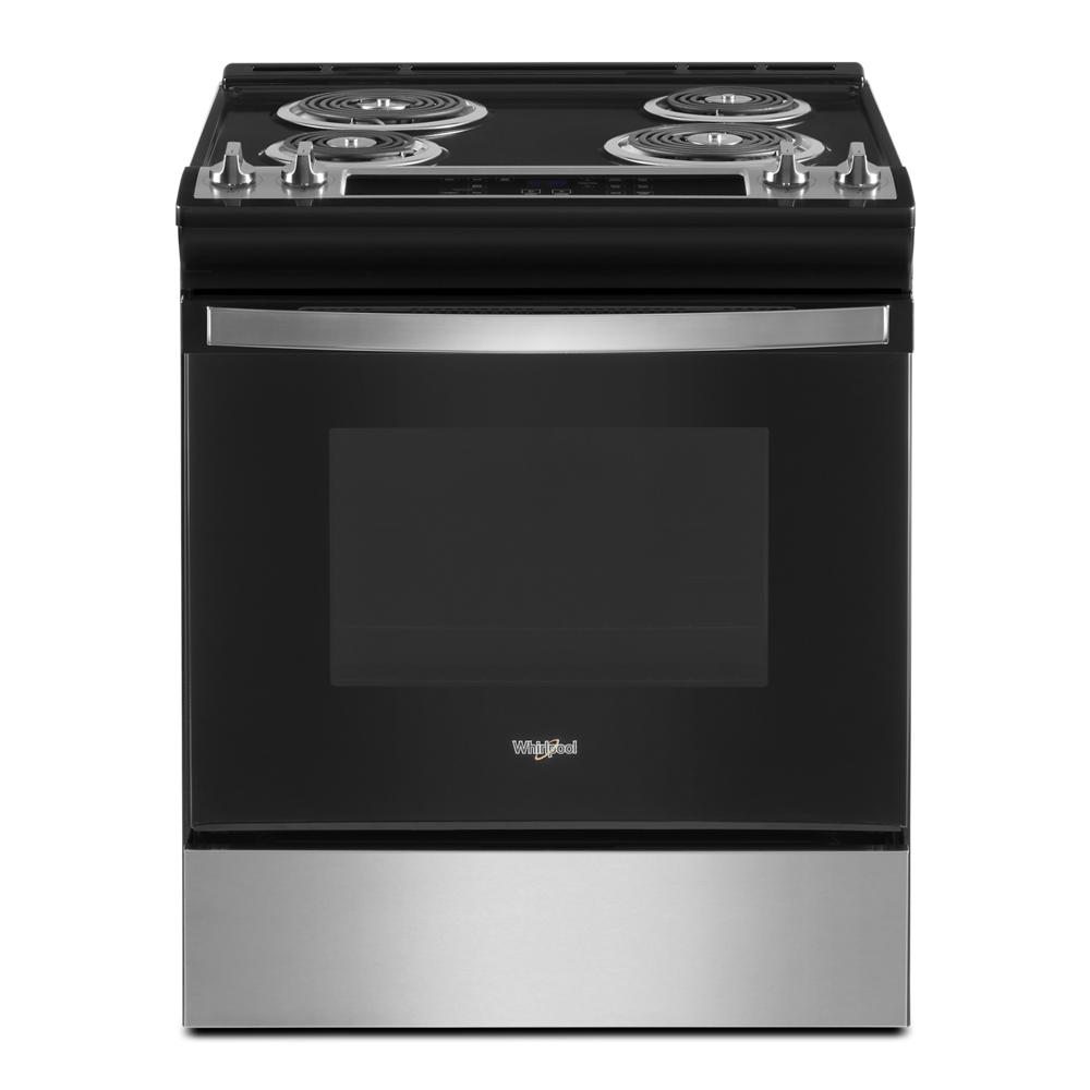 front view of black and stainless steel electric range with coil burners and digital control panel for kitchen appliances
