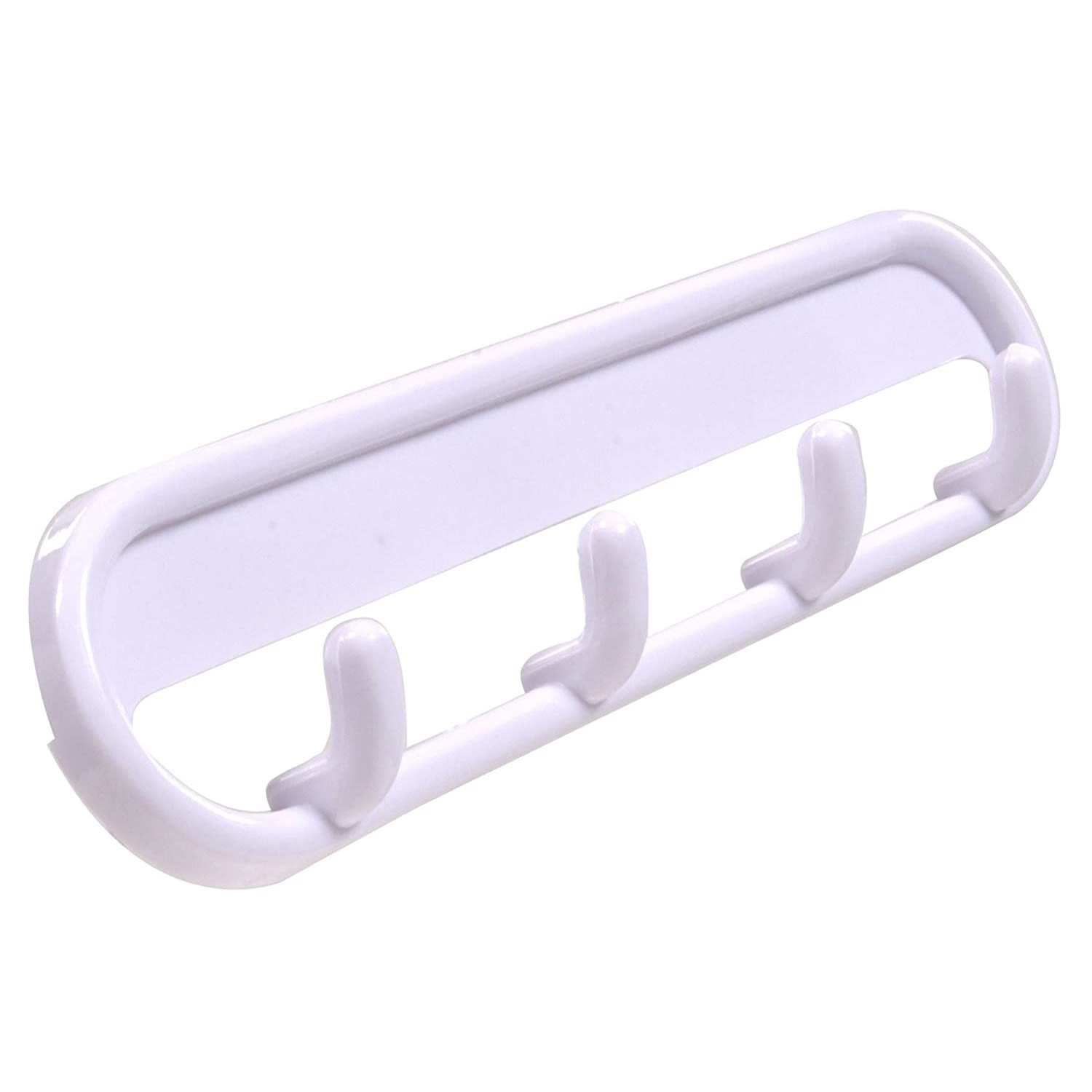 White plastic 4-prong hook with adhesive backing for organizing and home improvement projects in tools and hardware use