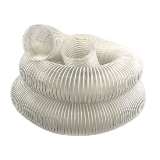 Clear flexible 4-inch diameter heavy-gauge wire reinforced hose for dust collection in woodworking tools setup