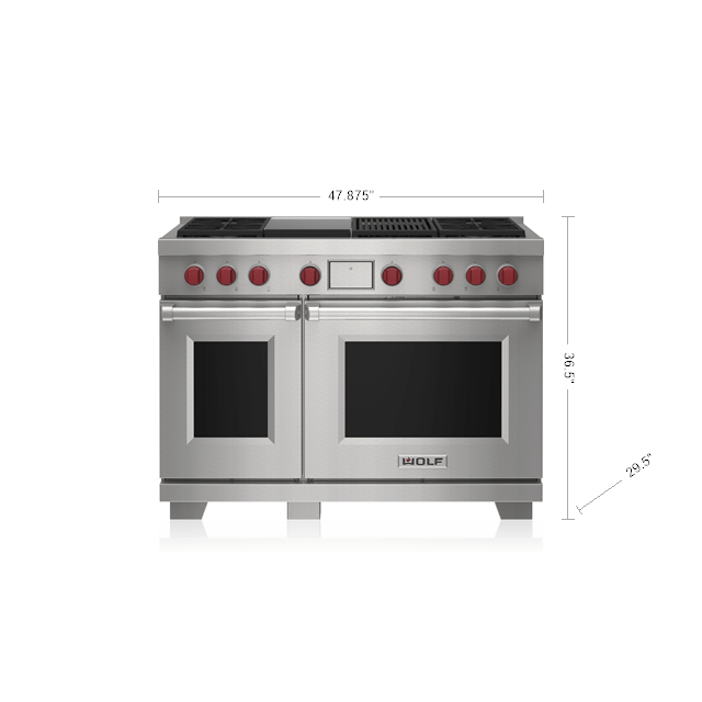 Stainless steel 48-inch dual fuel range featuring four burners, infrared griddle, charbroiler, and red control knobs