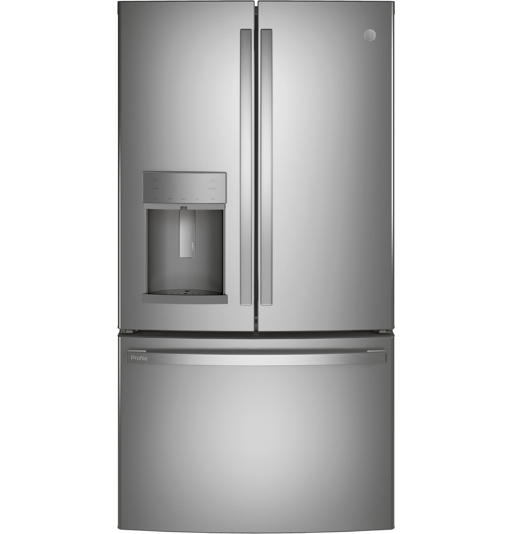 French-door refrigerator with stainless steel finish, bottom freezer drawer, and built-in water dispenser in kitchen appliances collection