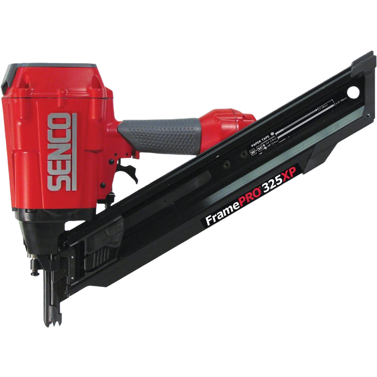 Red and black framing nailer tool with ergonomic grip for construction and home improvement projects.