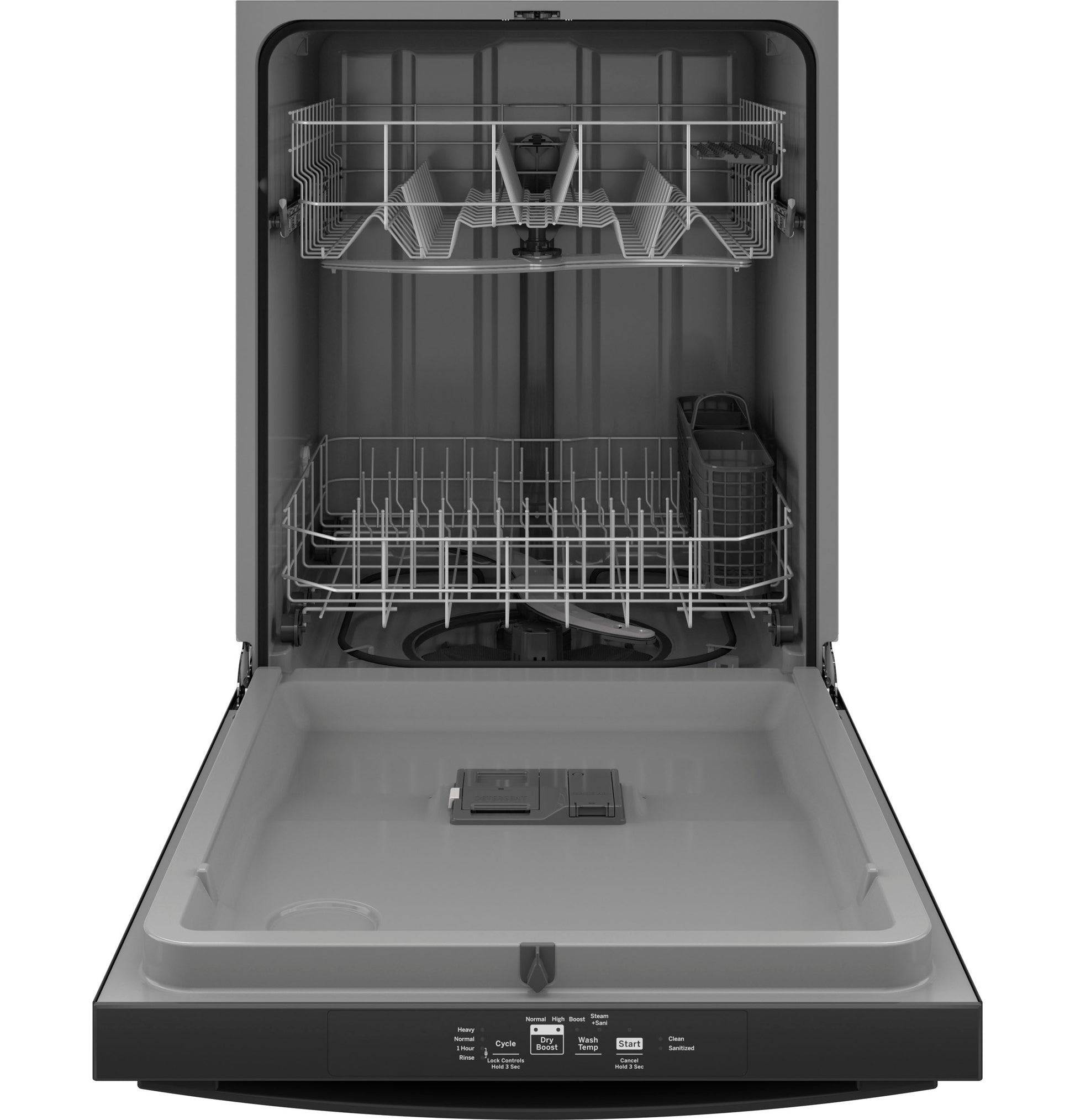 Open black top control dishwasher with plastic interior, upper rack, utensil basket, and lower rack in Appliances collection