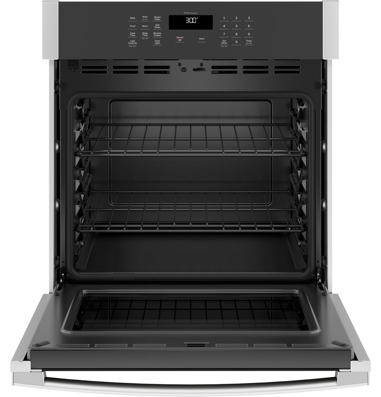 Open stainless steel built-in single wall oven with digital control panel and multiple oven racks from kitchen appliances collections