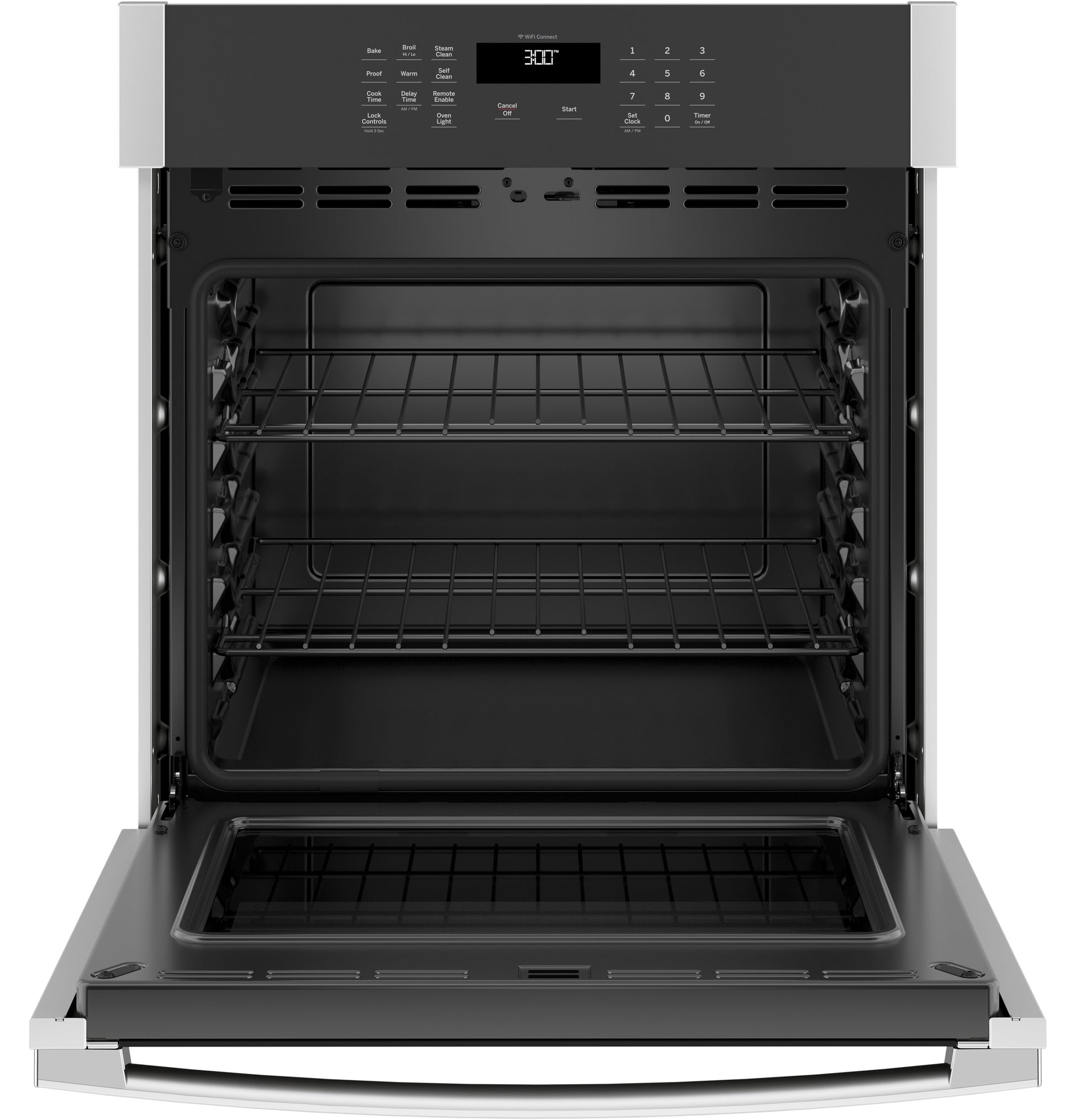 Open stainless steel built-in single wall oven with digital control panel and multiple oven racks from kitchen appliances collections