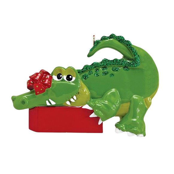 Green alligator ornament with glitter accents and red gift bow in Christmas Ornaments & Tree Decorations collection