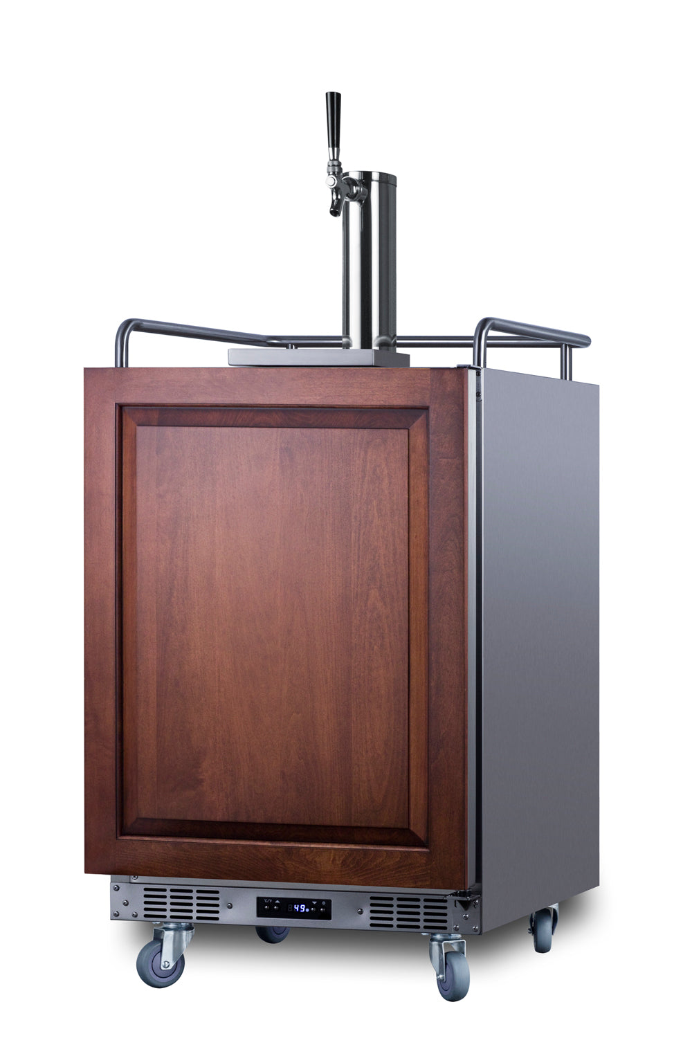 Built-in beverage dispenser with wood panel door, stainless steel draft tower, digital temp display, and caster wheels for mobility