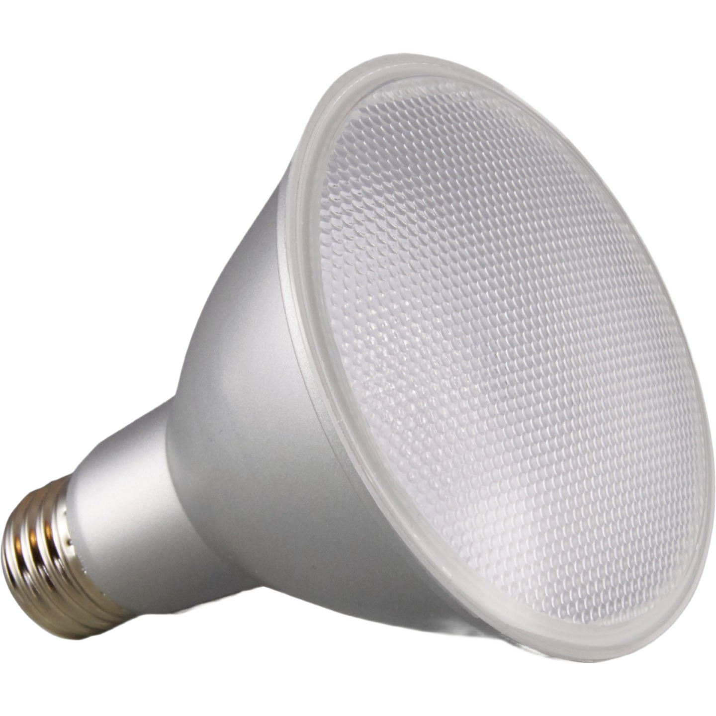 Silver LED floodlight bulb with medium base, energy-efficient design for lighting and electrical home improvement collections