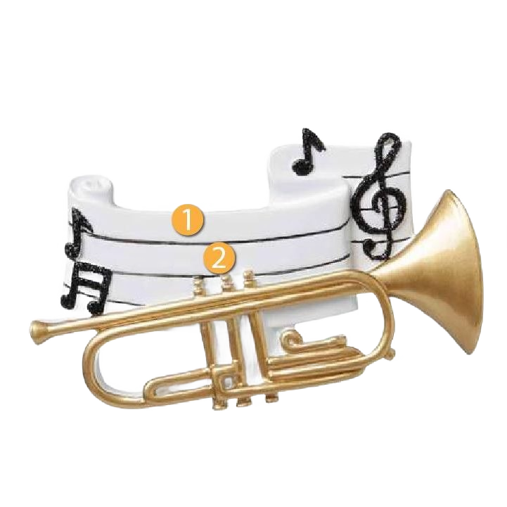 Gold-tone trumpet ornament on a white music sheet background with musical notes from Christmas decorations under $50 collection