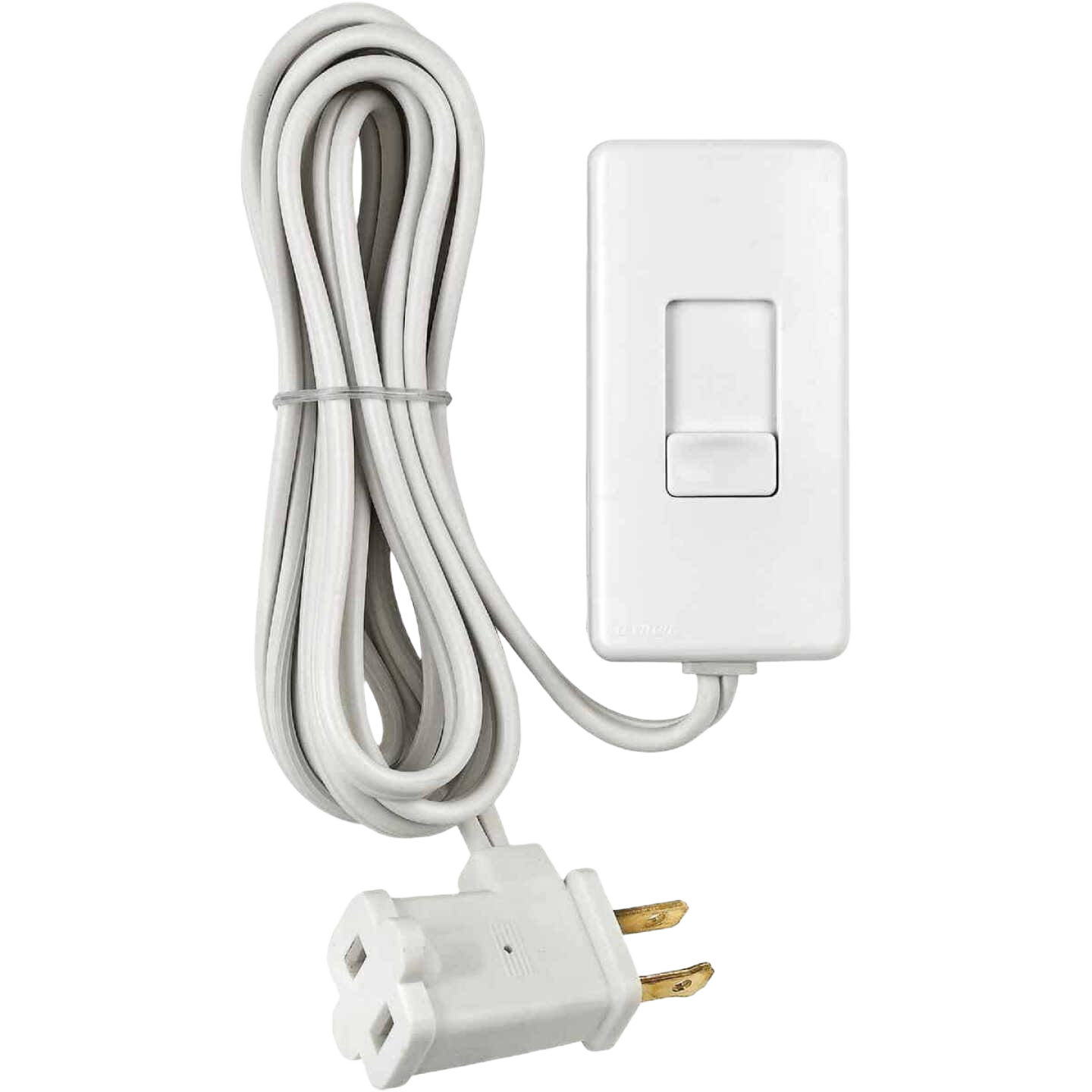 White inline dimmer switch with attached power cord and two-prong plug for home improvement use