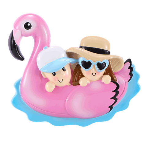 Couple figurine wearing summer hats floating in pink flamingo pool float Christmas tree decoration under $50 collection