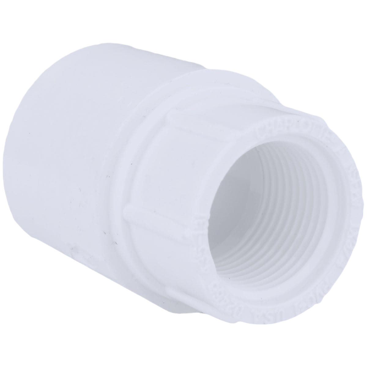 White PVC female adapter with threaded interior for plumbing and home improvement applications
