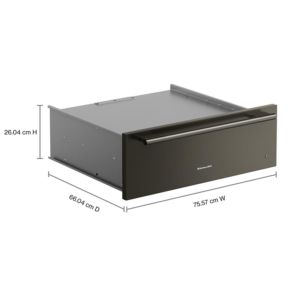 Matte black warming drawer with stainless steel handle, designed for wall ovens in KitchenAid appliances collection