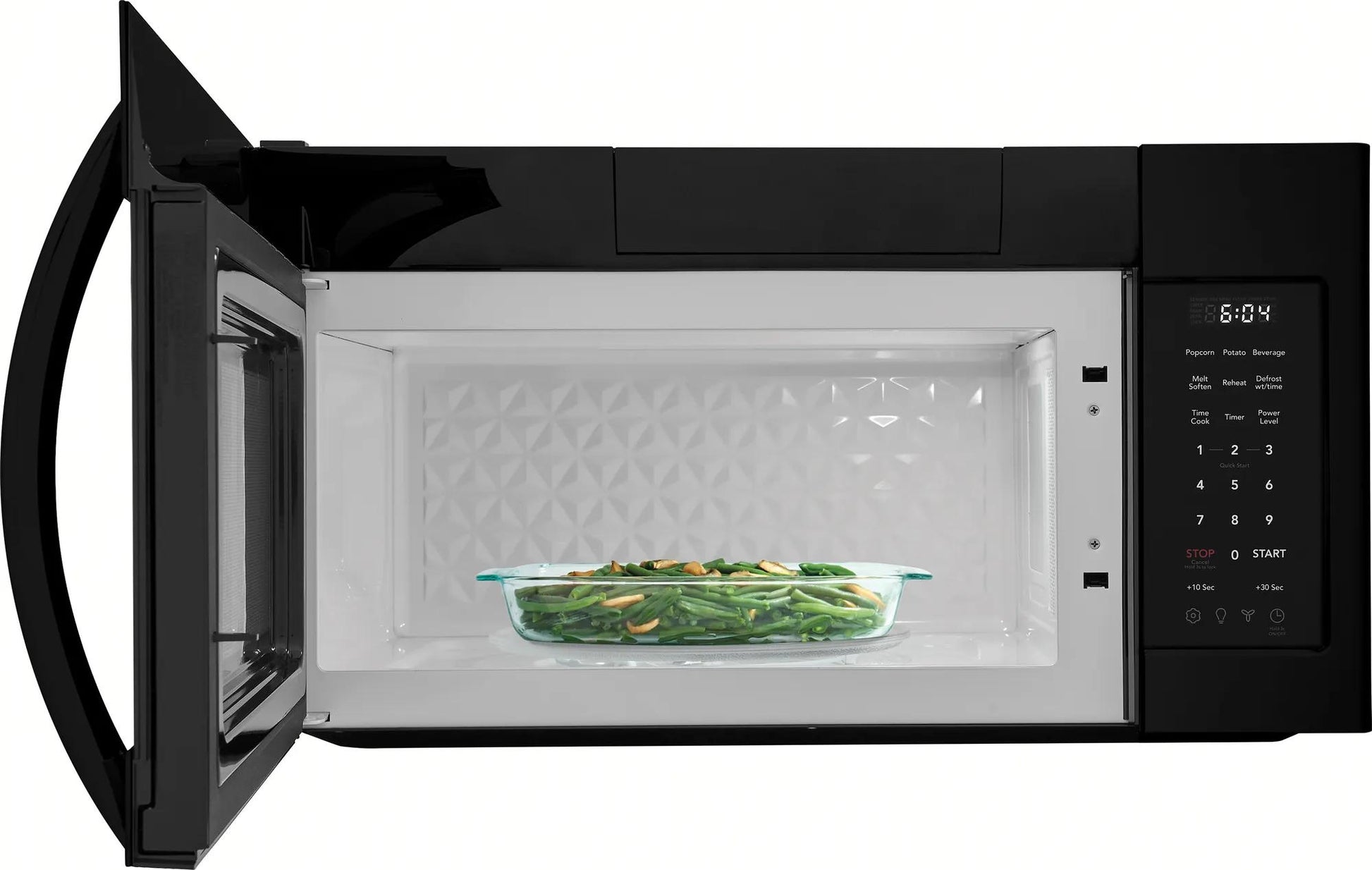 Black over-the-range microwave with open door and digital control panel, heating a glass dish of cooked green beans from Microwaves collection