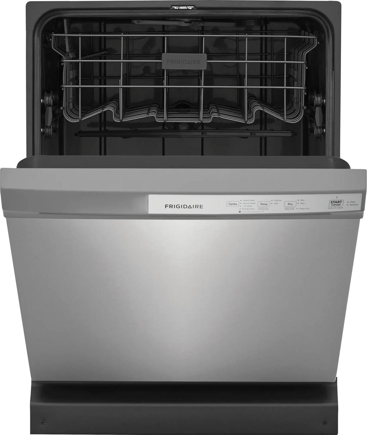 Stainless steel built-in dishwasher with open door showing interior racks for kitchen and home appliance use